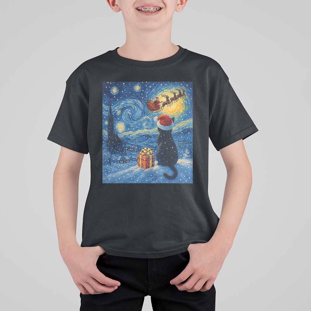 Cat Starry Night Christmas T Shirt For Kid Van Gogh Cat Lover Xmas - Wonder Print Shop