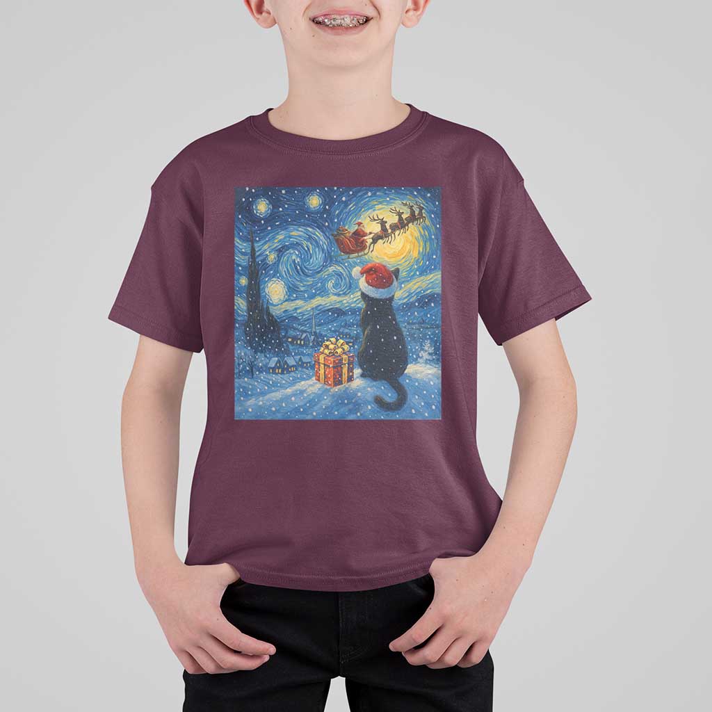 Cat Starry Night Christmas T Shirt For Kid Van Gogh Cat Lover Xmas - Wonder Print Shop