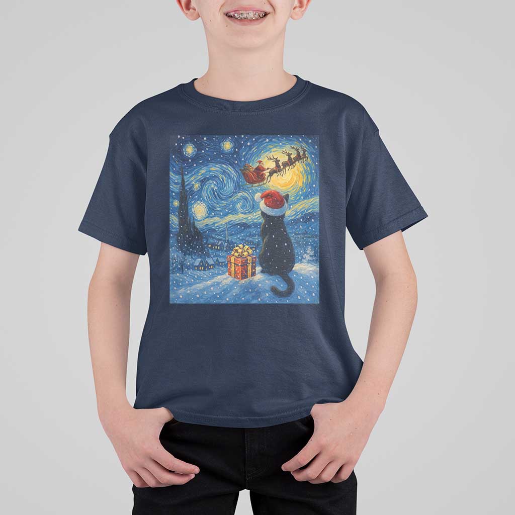 Cat Starry Night Christmas T Shirt For Kid Van Gogh Cat Lover Xmas - Wonder Print Shop