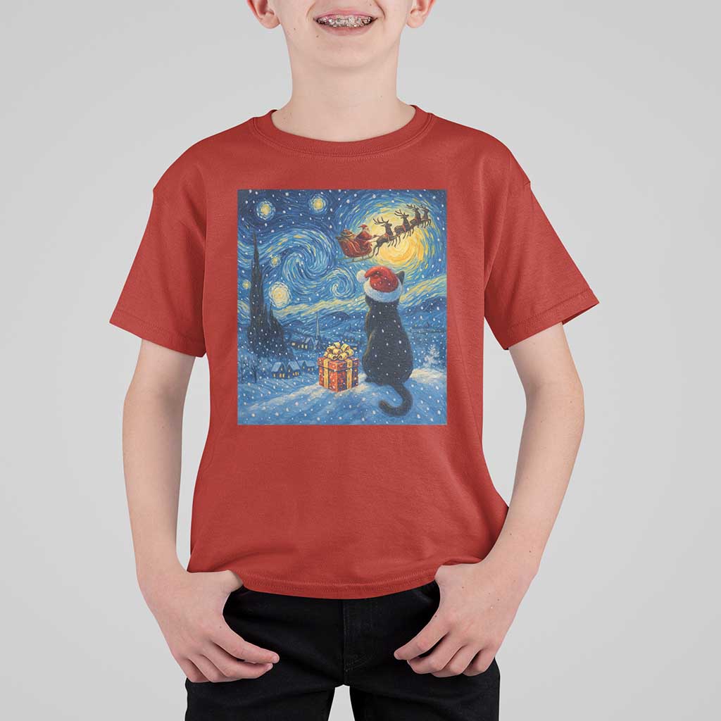 Cat Starry Night Christmas T Shirt For Kid Van Gogh Cat Lover Xmas - Wonder Print Shop