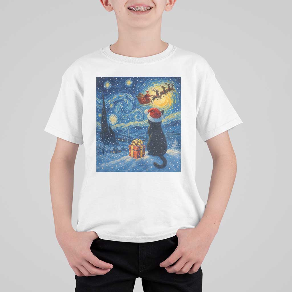 Cat Starry Night Christmas T Shirt For Kid Van Gogh Cat Lover Xmas - Wonder Print Shop