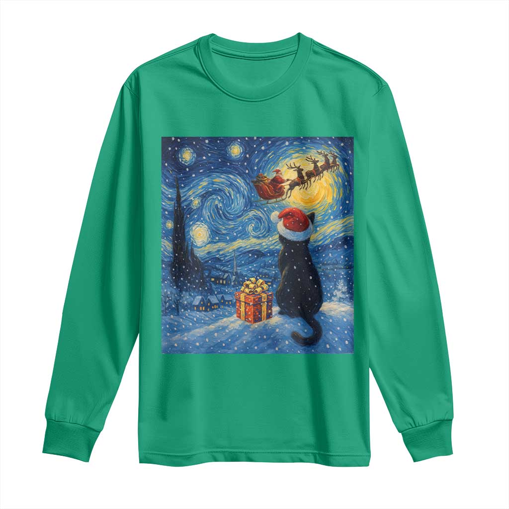 Cat Starry Night Christmas Long Sleeve Shirt Van Gogh Cat Lover Xmas - Wonder Print Shop