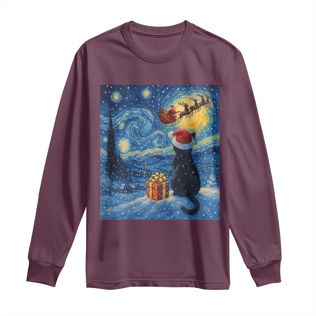 Cat Starry Night Christmas Long Sleeve Shirt Van Gogh Cat Lover Xmas - Wonder Print Shop