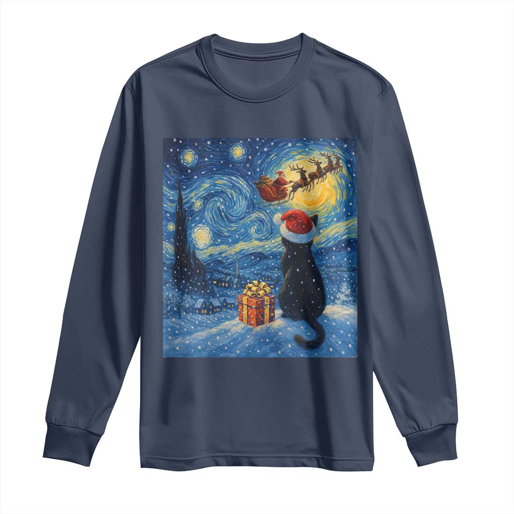 Cat Starry Night Christmas Long Sleeve Shirt Van Gogh Cat Lover Xmas - Wonder Print Shop
