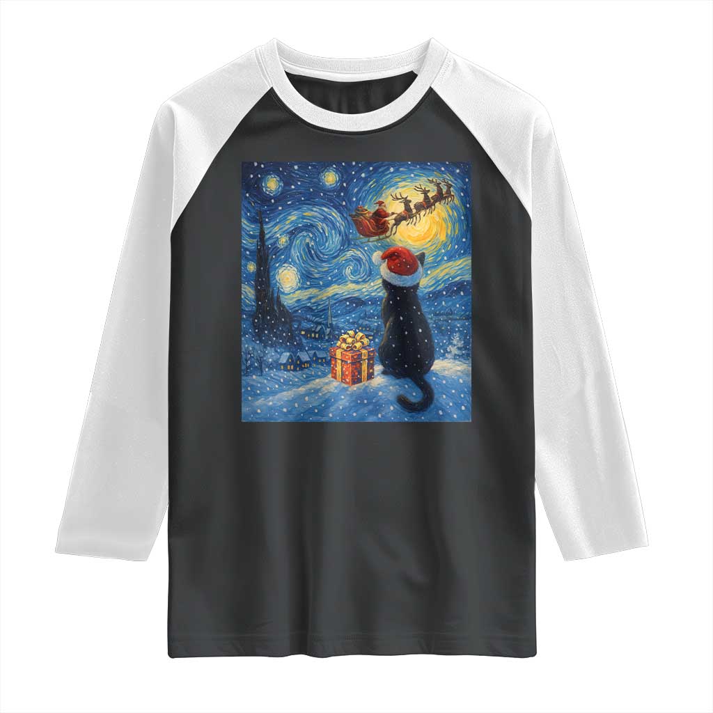 Cat Starry Night Christmas Raglan Shirt Van Gogh Cat Lover Xmas - Wonder Print Shop