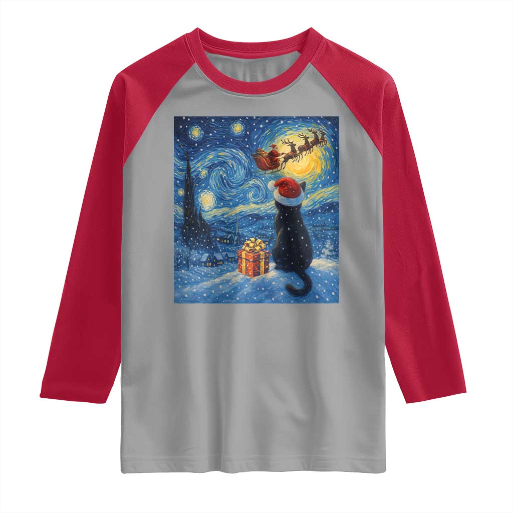 Cat Starry Night Christmas Raglan Shirt Van Gogh Cat Lover Xmas - Wonder Print Shop