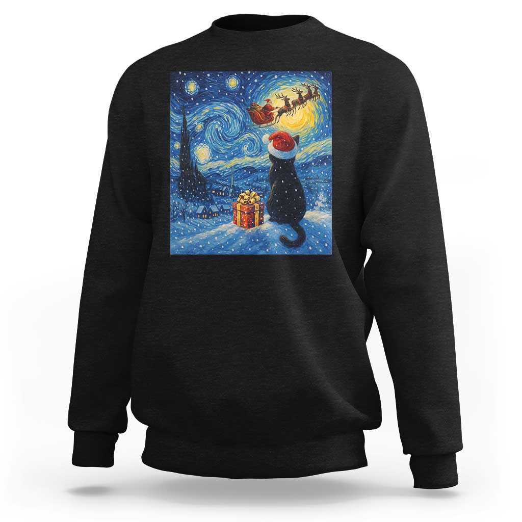 Cat Starry Night Christmas Sweatshirt Van Gogh Cat Lover Xmas - Wonder Print Shop