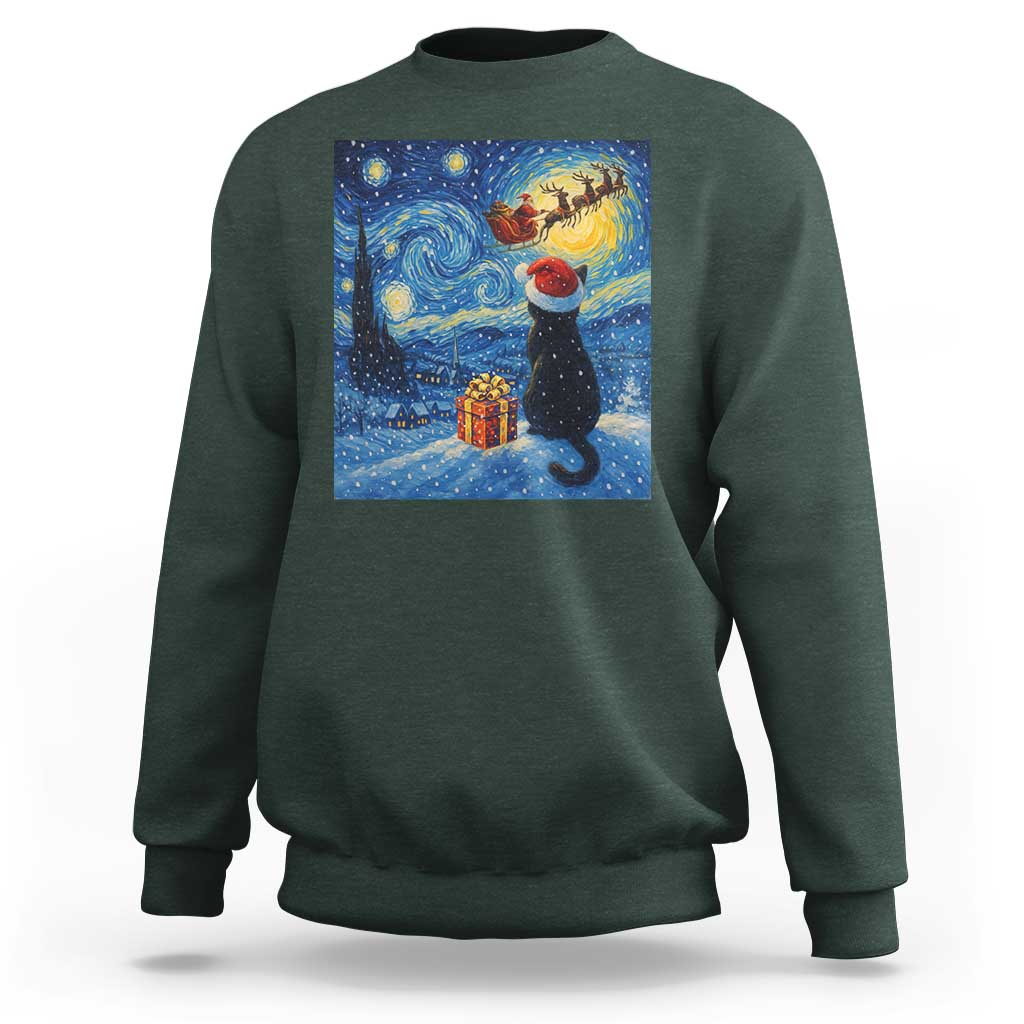 Cat Starry Night Christmas Sweatshirt Van Gogh Cat Lover Xmas - Wonder Print Shop