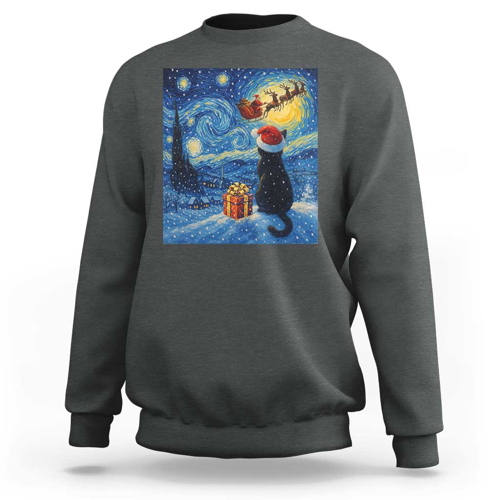 Cat Starry Night Christmas Sweatshirt Van Gogh Cat Lover Xmas - Wonder Print Shop