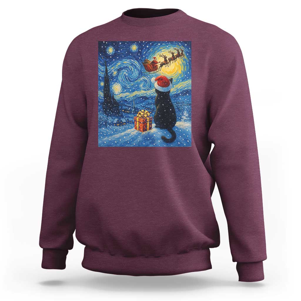 Cat Starry Night Christmas Sweatshirt Van Gogh Cat Lover Xmas - Wonder Print Shop