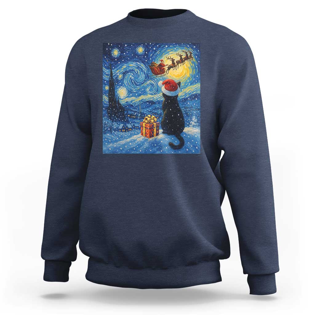 Cat Starry Night Christmas Sweatshirt Van Gogh Cat Lover Xmas - Wonder Print Shop