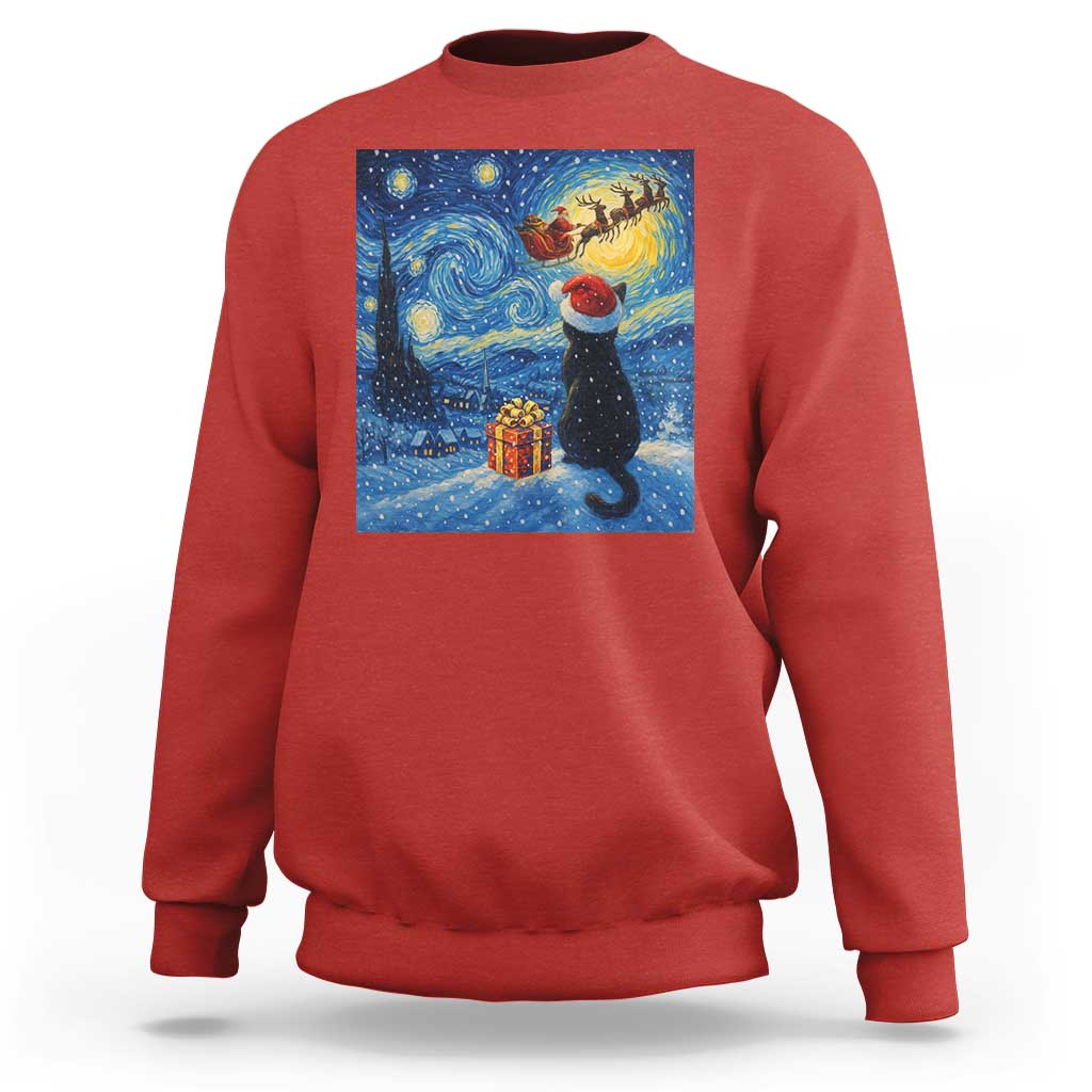 Cat Starry Night Christmas Sweatshirt Van Gogh Cat Lover Xmas - Wonder Print Shop