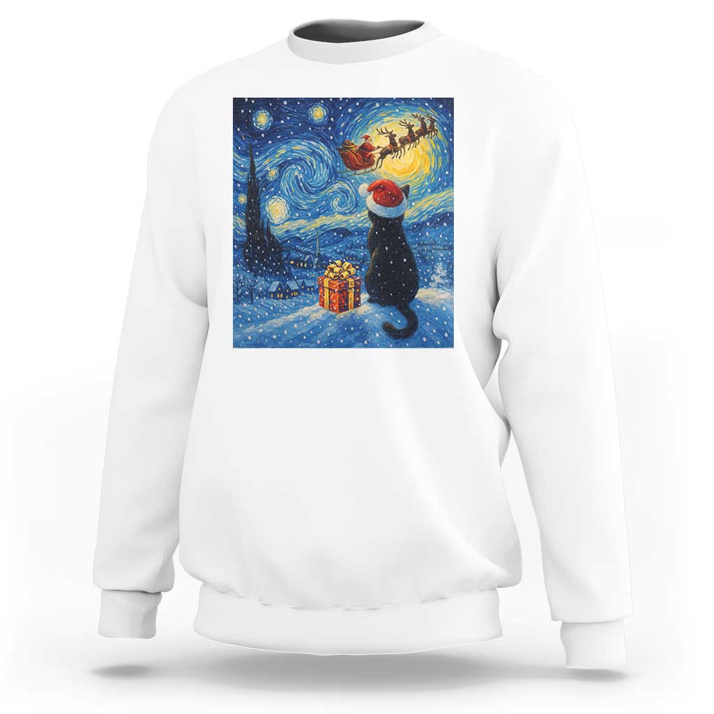 Cat Starry Night Christmas Sweatshirt Van Gogh Cat Lover Xmas - Wonder Print Shop