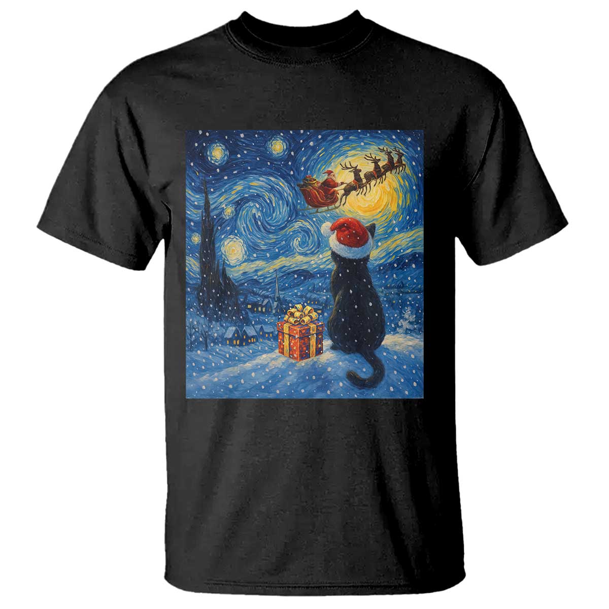 Cat Starry Night Christmas T Shirt Van Gogh Cat Lover Xmas - Wonder Print Shop