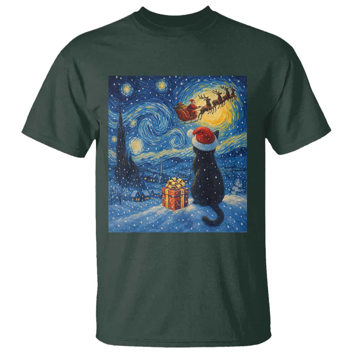 Cat Starry Night Christmas T Shirt Van Gogh Cat Lover Xmas - Wonder Print Shop
