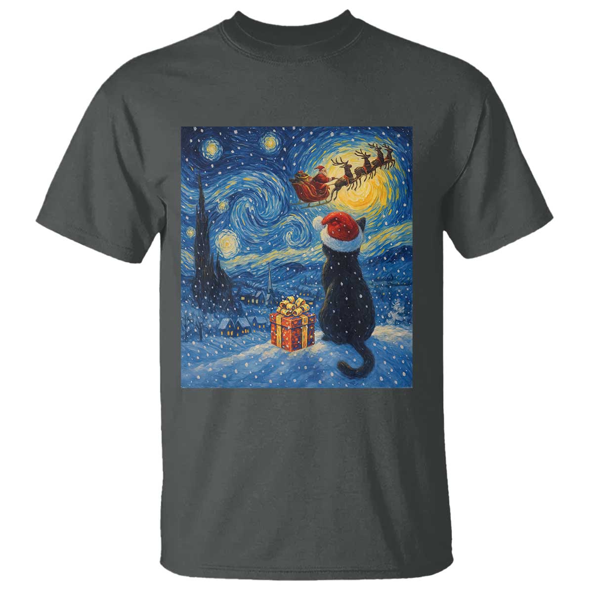 Cat Starry Night Christmas T Shirt Van Gogh Cat Lover Xmas - Wonder Print Shop