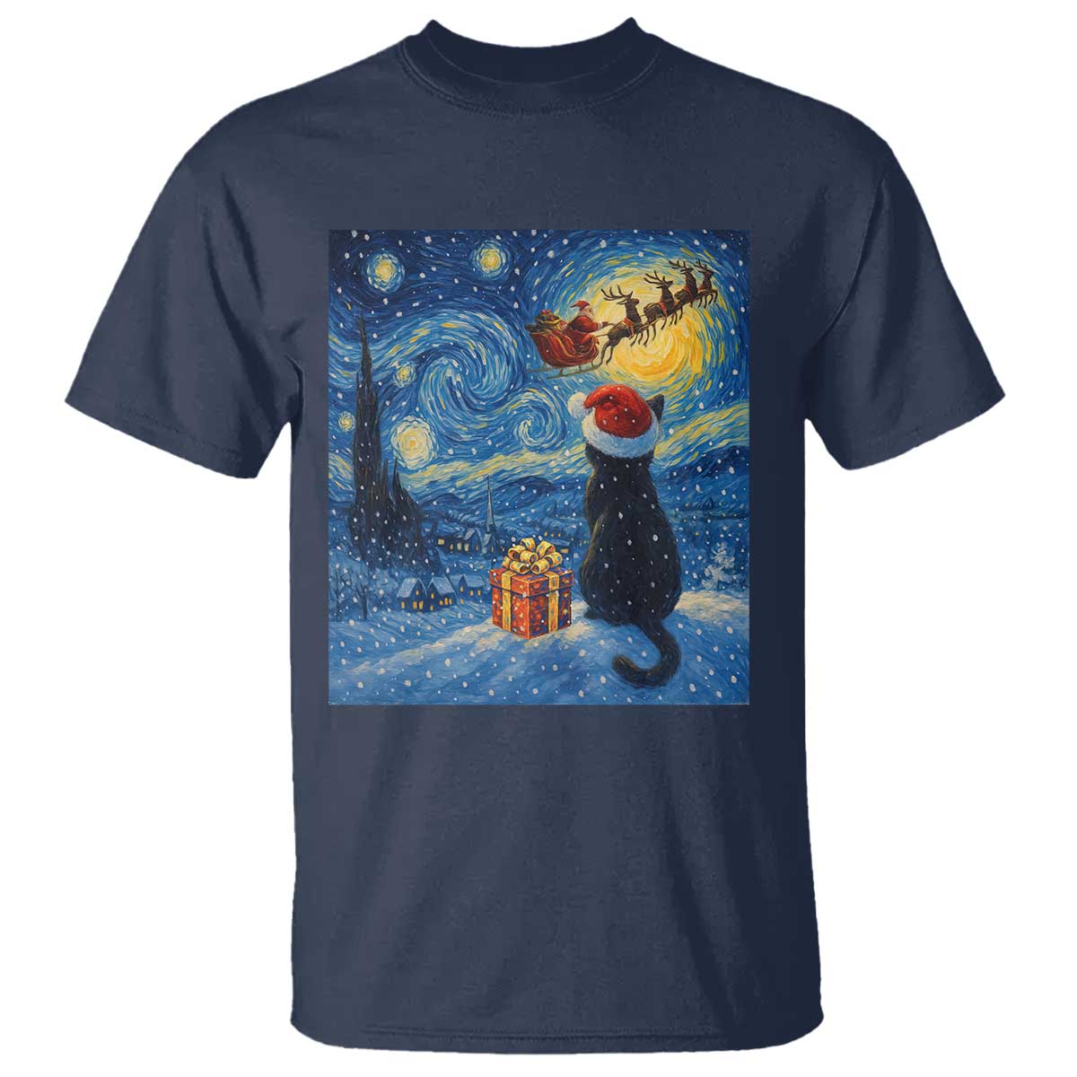 Cat Starry Night Christmas T Shirt Van Gogh Cat Lover Xmas - Wonder Print Shop