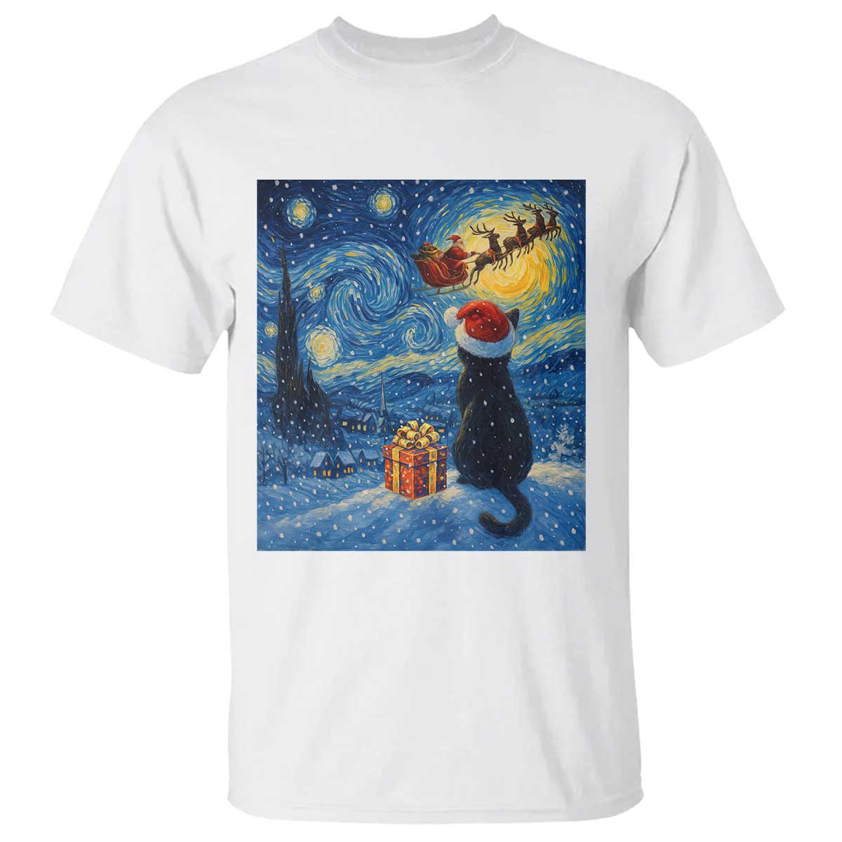 Cat Starry Night Christmas T Shirt Van Gogh Cat Lover Xmas - Wonder Print Shop