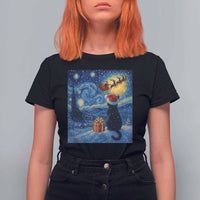 Cat Starry Night Christmas T Shirt For Women Van Gogh Cat Lover Xmas - Wonder Print Shop