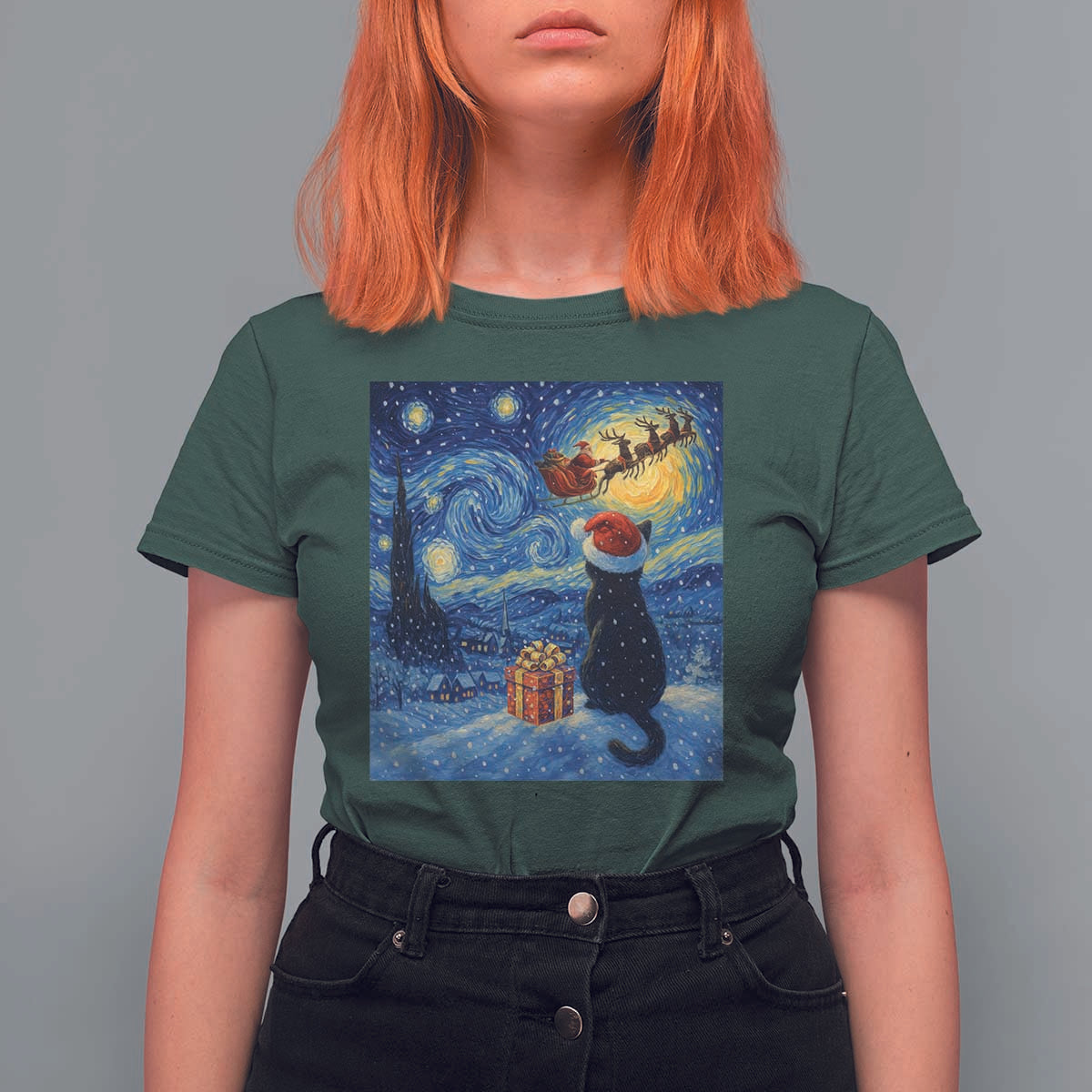 Cat Starry Night Christmas T Shirt For Women Van Gogh Cat Lover Xmas - Wonder Print Shop