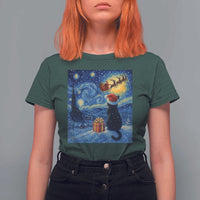 Cat Starry Night Christmas T Shirt For Women Van Gogh Cat Lover Xmas - Wonder Print Shop