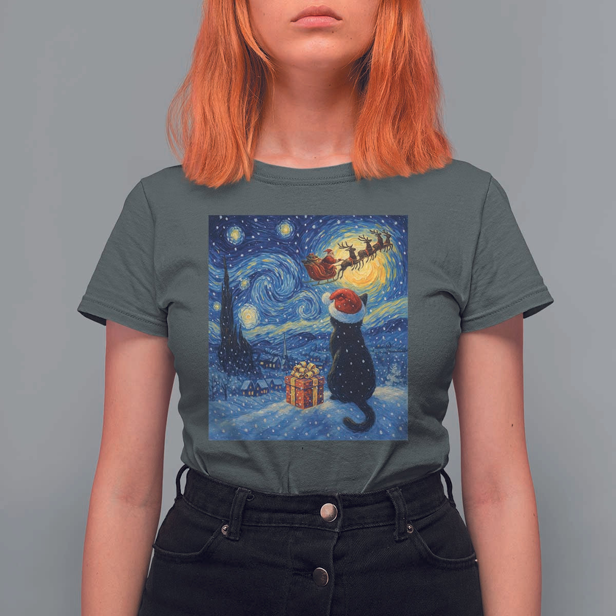 Cat Starry Night Christmas T Shirt For Women Van Gogh Cat Lover Xmas - Wonder Print Shop