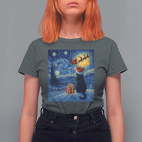 Cat Starry Night Christmas T Shirt For Women Van Gogh Cat Lover Xmas - Wonder Print Shop