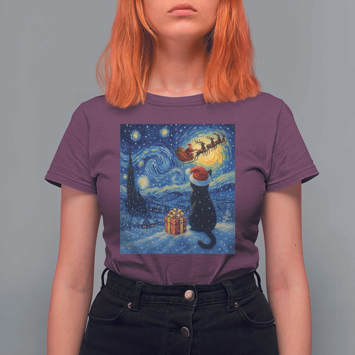Cat Starry Night Christmas T Shirt For Women Van Gogh Cat Lover Xmas - Wonder Print Shop