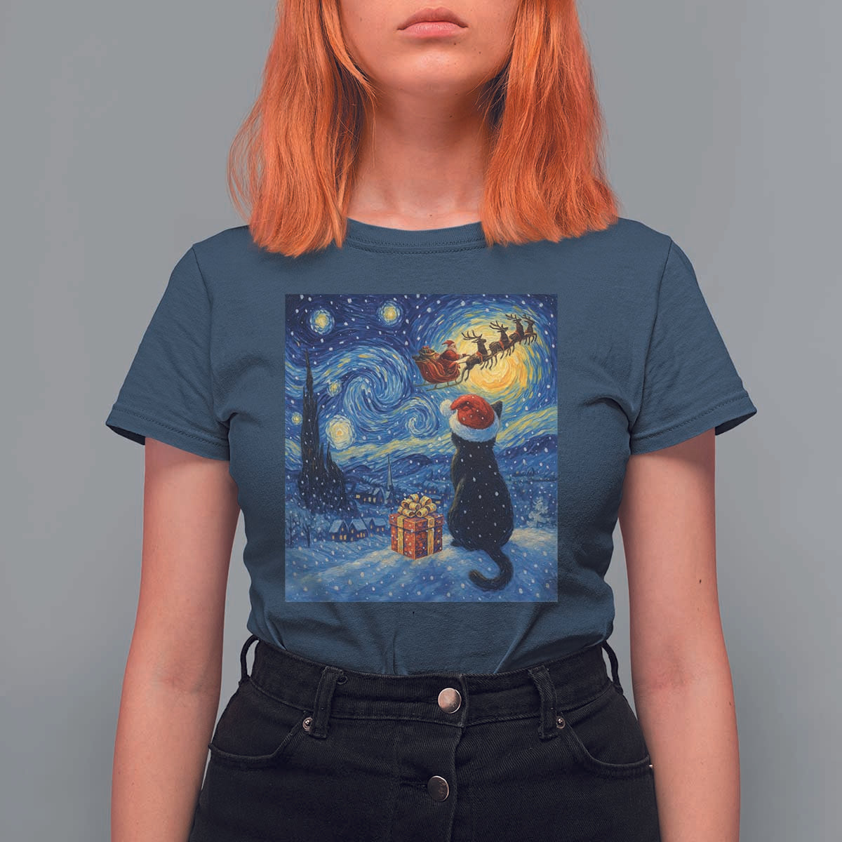 Cat Starry Night Christmas T Shirt For Women Van Gogh Cat Lover Xmas - Wonder Print Shop