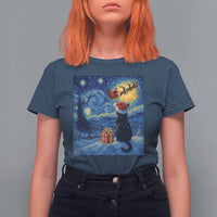 Cat Starry Night Christmas T Shirt For Women Van Gogh Cat Lover Xmas - Wonder Print Shop