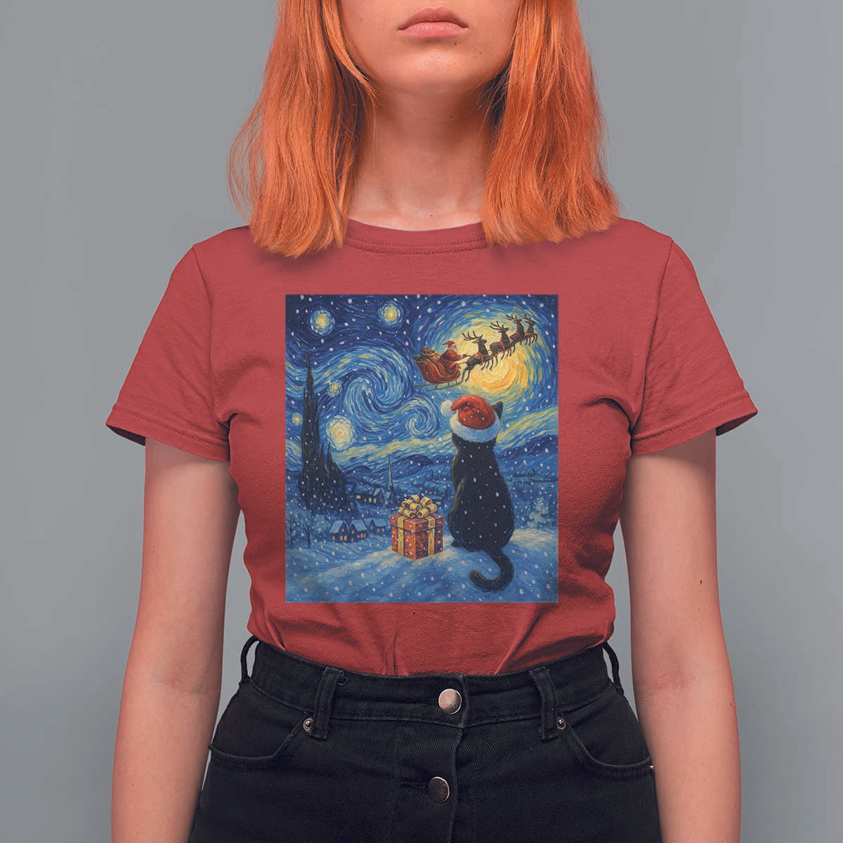 Cat Starry Night Christmas T Shirt For Women Van Gogh Cat Lover Xmas - Wonder Print Shop