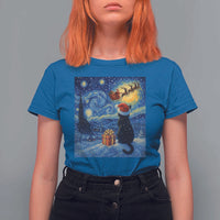 Cat Starry Night Christmas T Shirt For Women Van Gogh Cat Lover Xmas - Wonder Print Shop