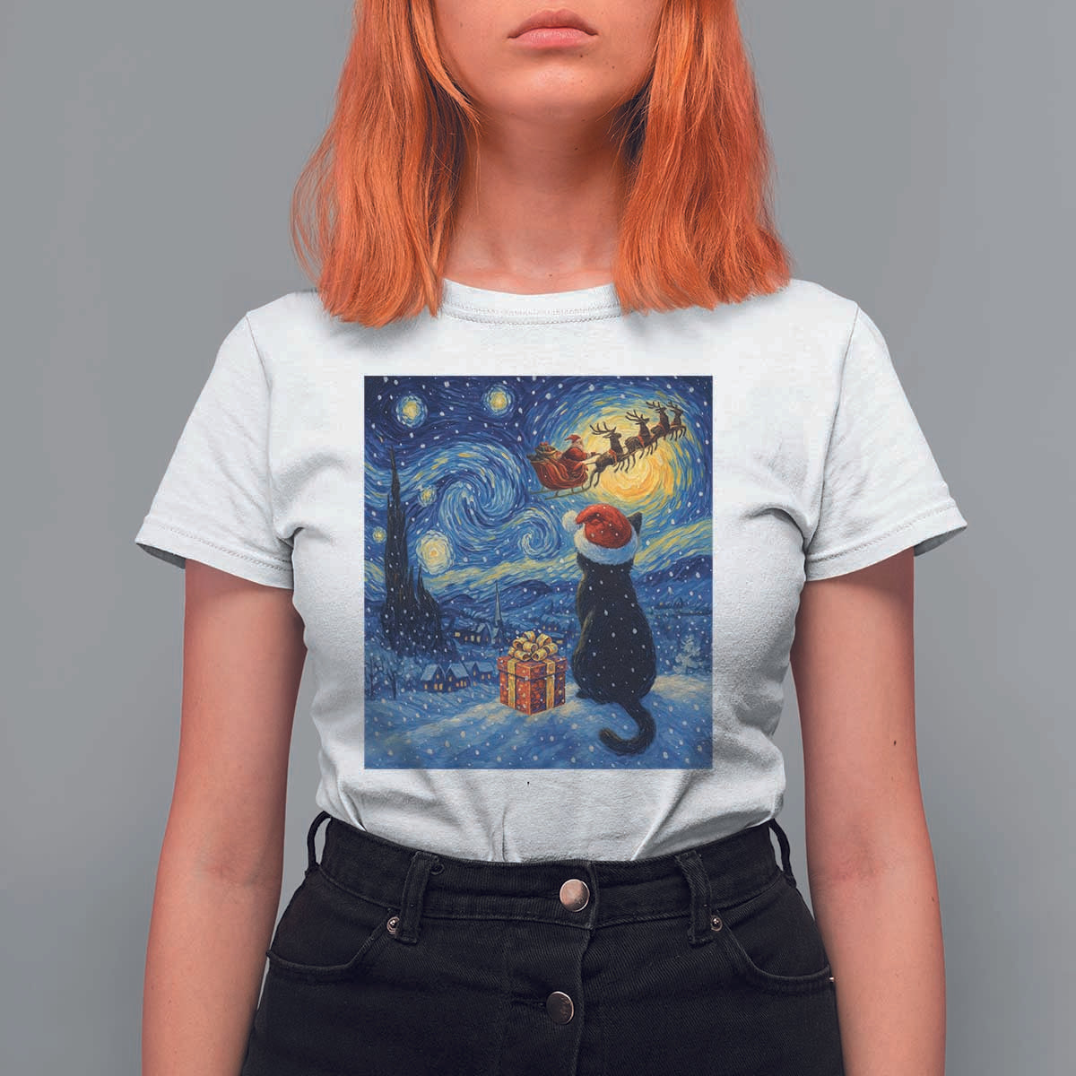 Cat Starry Night Christmas T Shirt For Women Van Gogh Cat Lover Xmas - Wonder Print Shop