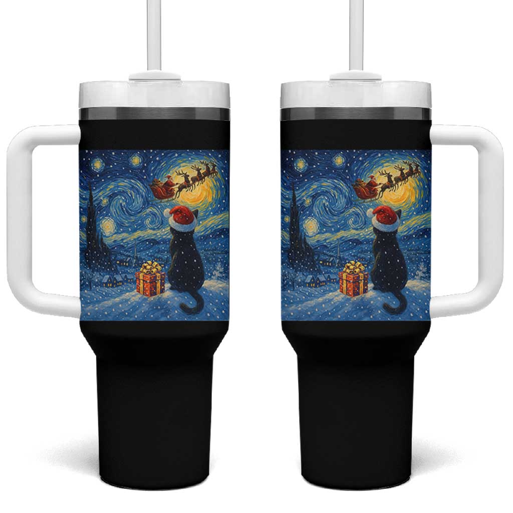 Cat Starry Night Christmas Tumbler With Handle Van Gogh Cat Lover Xmas - Wonder Print Shop