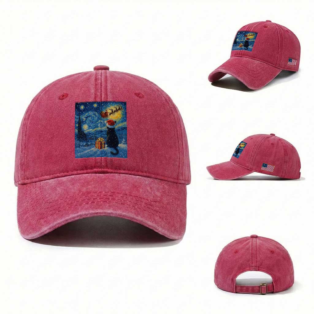 Cat Starry Night Christmas Washed Cotton Baseball Cap Van Gogh Cat Lover Xmas