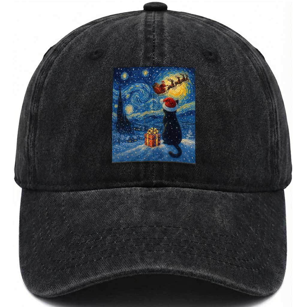 Cat Starry Night Christmas Washed Cotton Baseball Cap Van Gogh Cat Lover Xmas