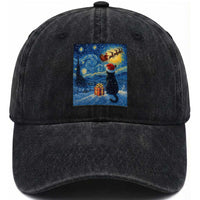 Cat Starry Night Christmas Washed Cotton Baseball Cap Van Gogh Cat Lover Xmas