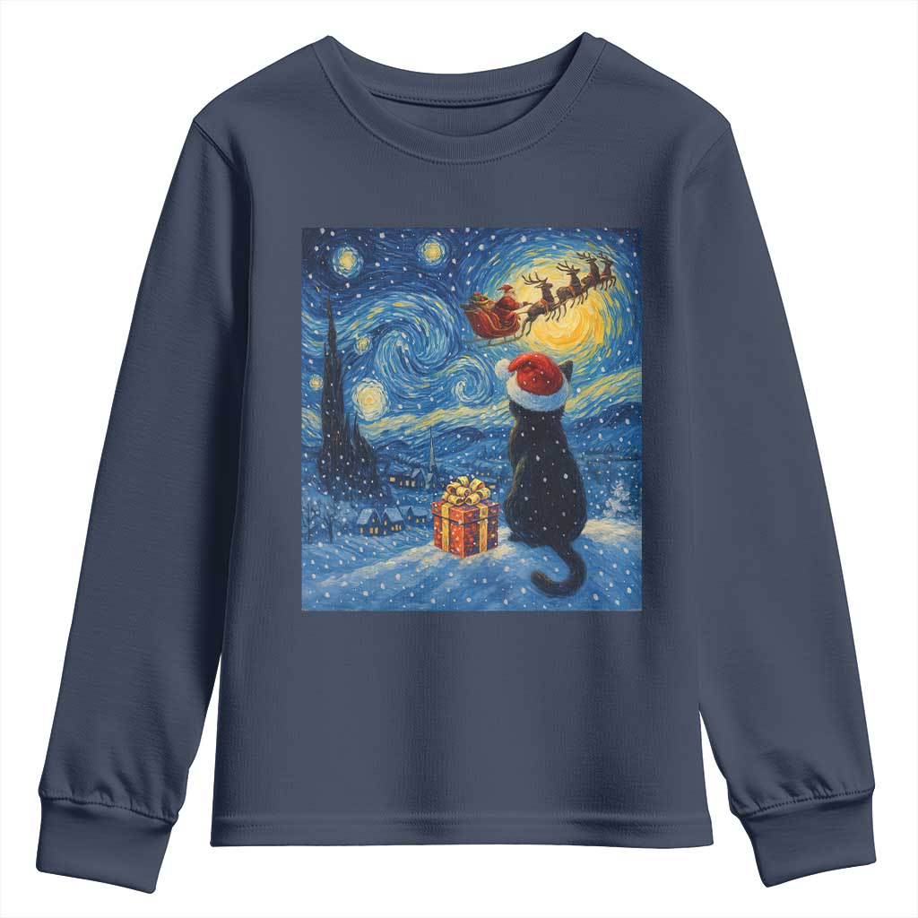 Cat Starry Night Christmas Youth Sweatshirt Van Gogh Cat Lover Xmas - Wonder Print Shop