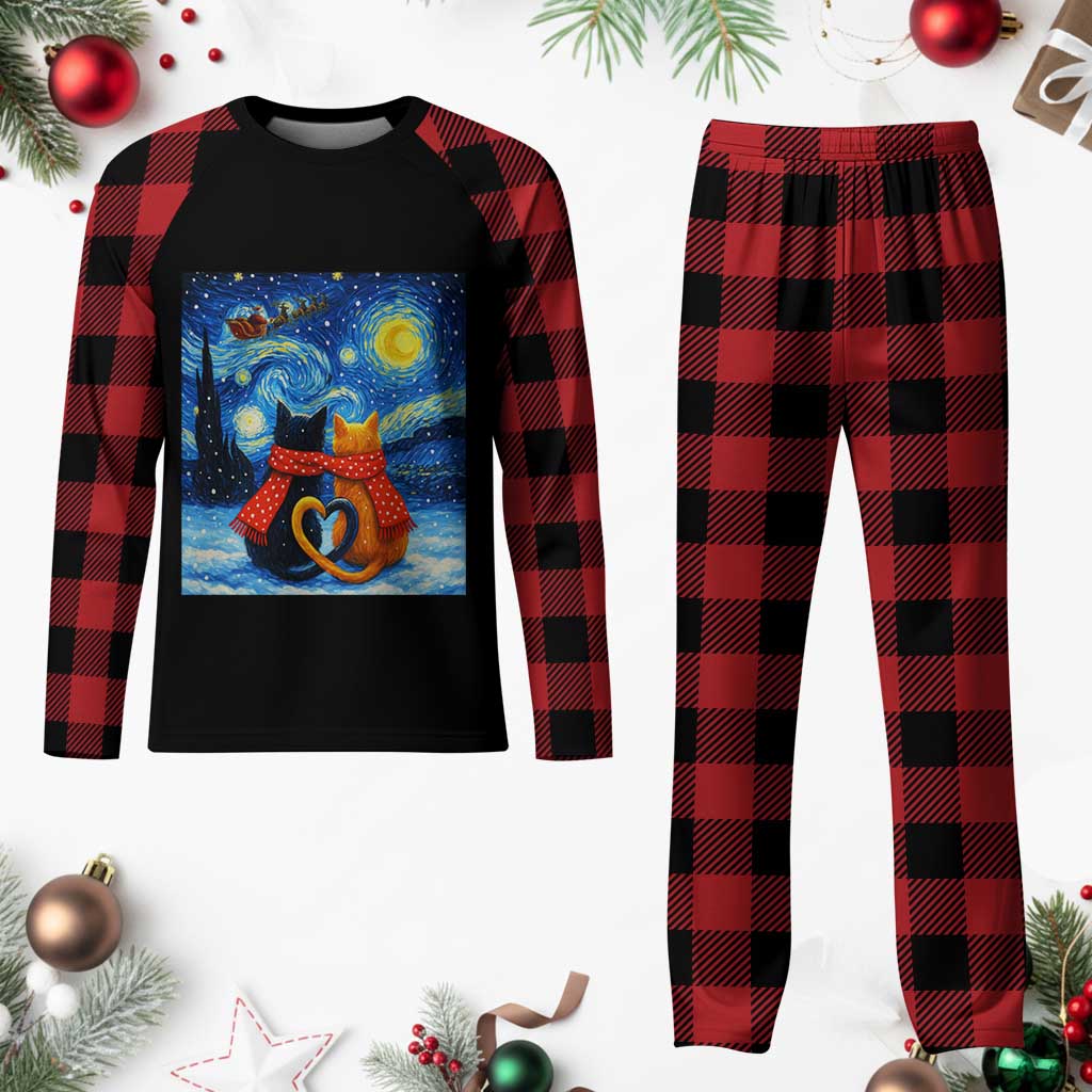 Funny Couples Christmas Plaid Pajama Set Cats Lover Starry Night - Wonder Print Shop