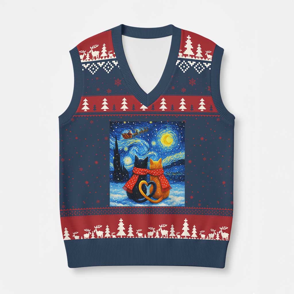 Funny Couples Xmas V-Neck Knit Sweater Vest Cats Lover Starry Night - Wonder Print Shop