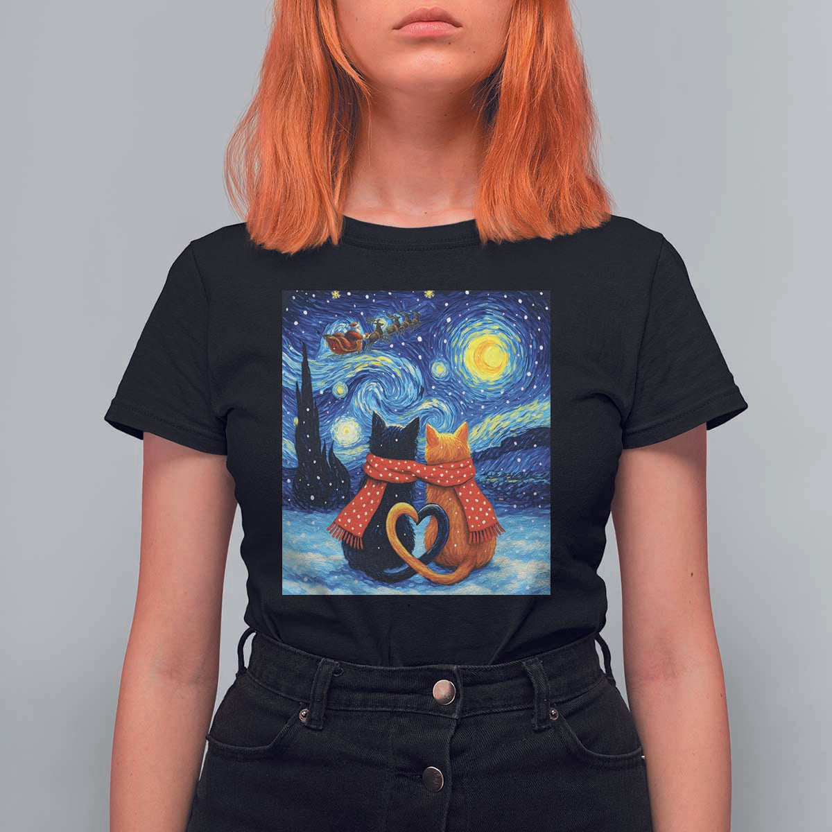 Funny Couples Christmas T Shirt For Women Cats Lover Starry Night - Wonder Print Shop