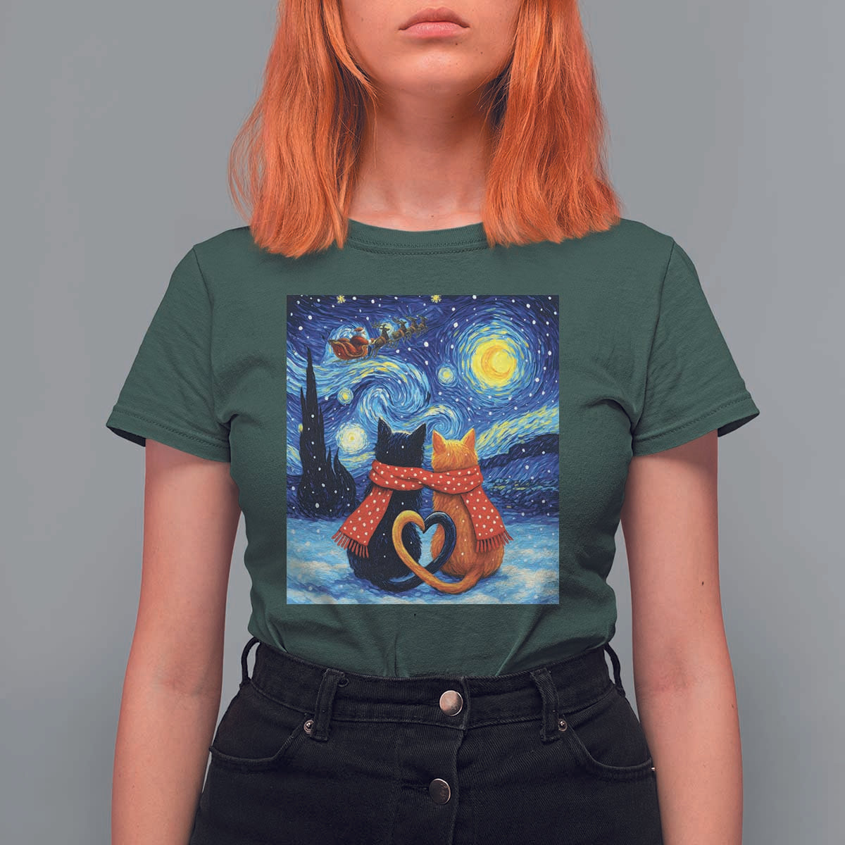 Funny Couples Christmas T Shirt For Women Cats Lover Starry Night - Wonder Print Shop
