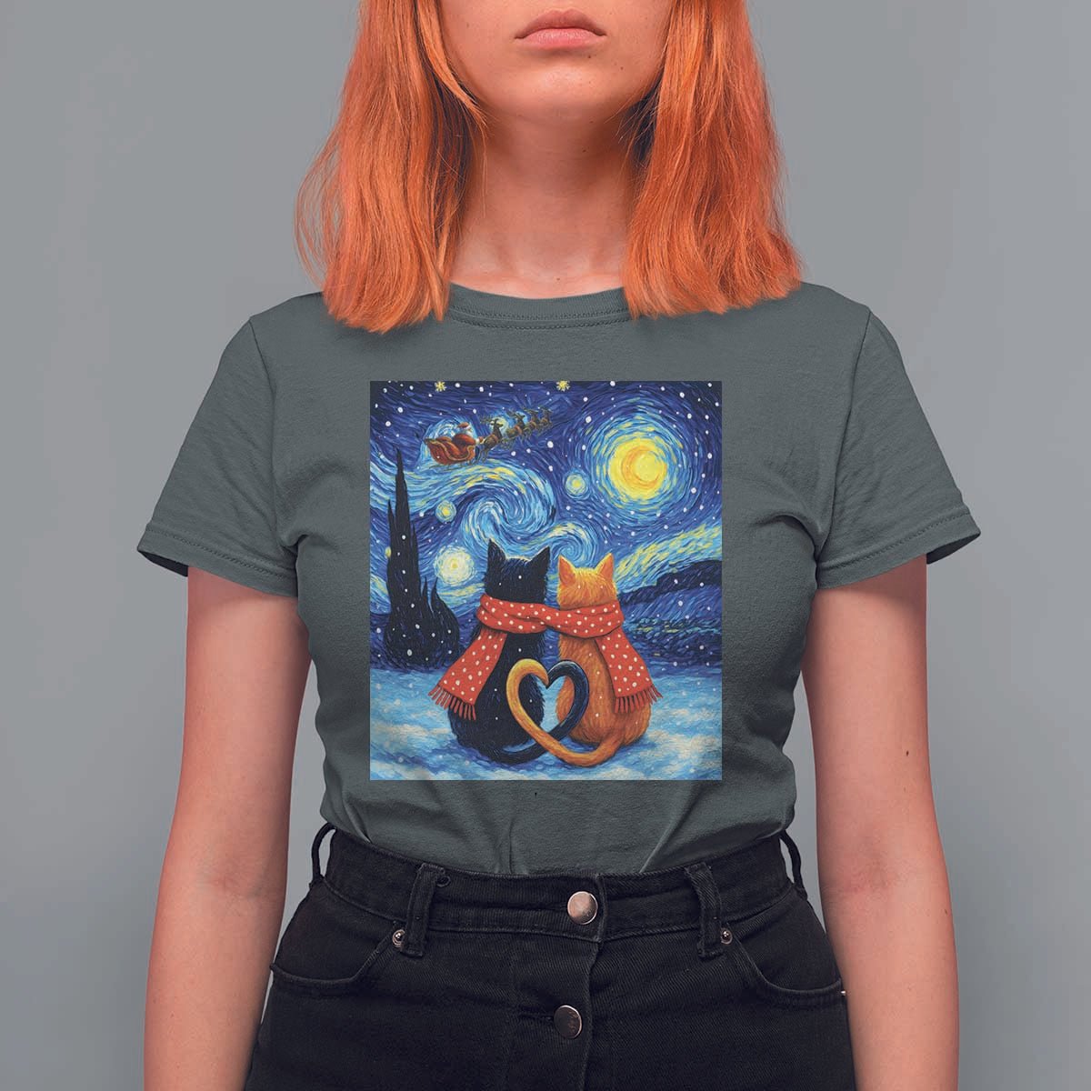 Funny Couples Christmas T Shirt For Women Cats Lover Starry Night - Wonder Print Shop