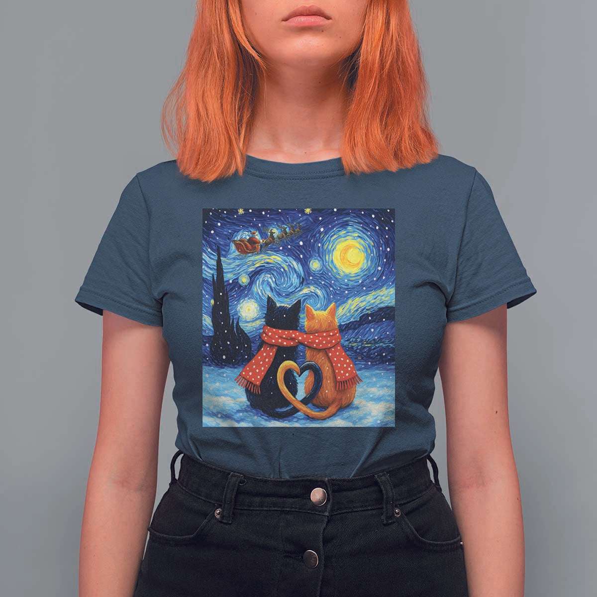 Funny Couples Christmas T Shirt For Women Cats Lover Starry Night - Wonder Print Shop