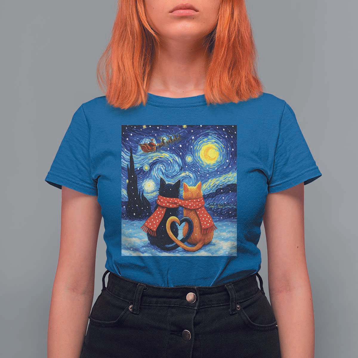 Funny Couples Christmas T Shirt For Women Cats Lover Starry Night - Wonder Print Shop