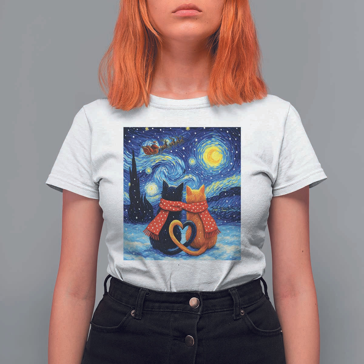 Funny Couples Christmas T Shirt For Women Cats Lover Starry Night - Wonder Print Shop