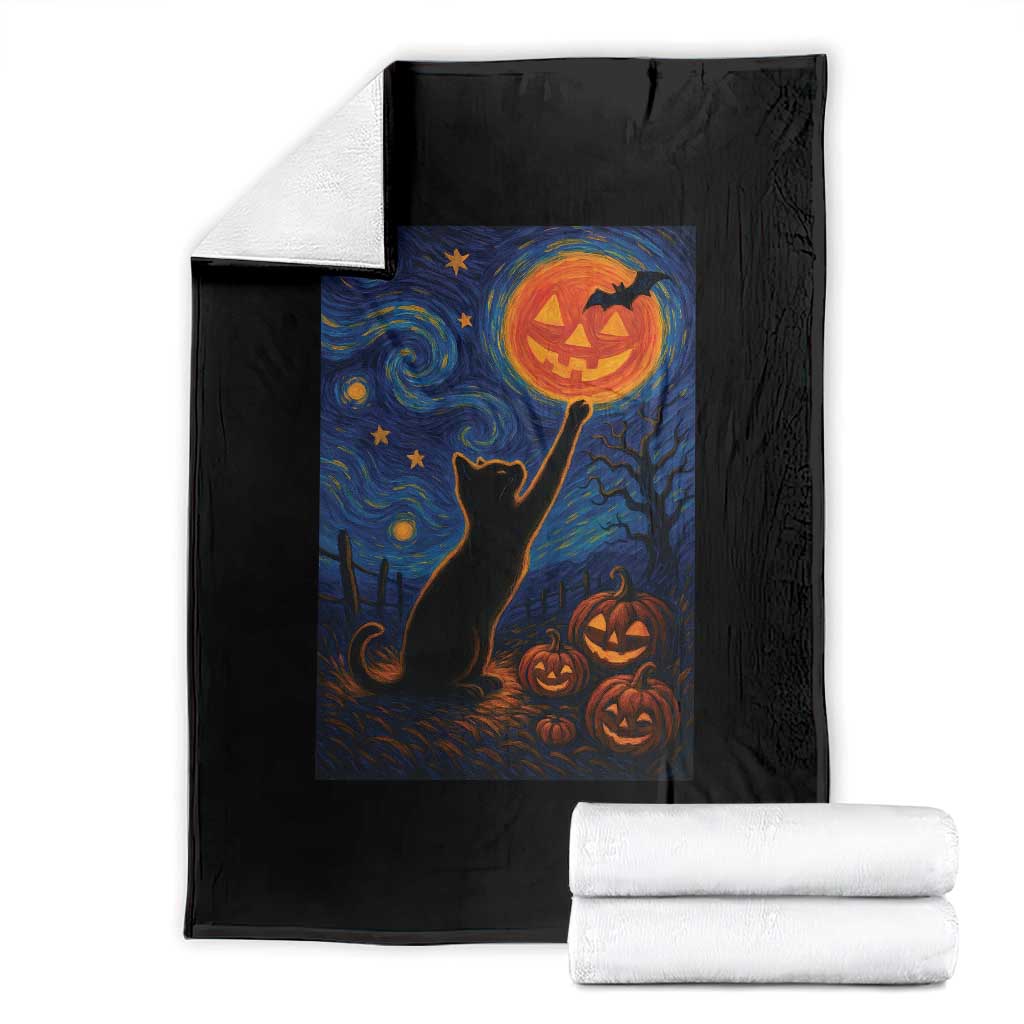 Black Cat Halloween Throw Blanket Starry Night Van Gogh - Wonder Print Shop