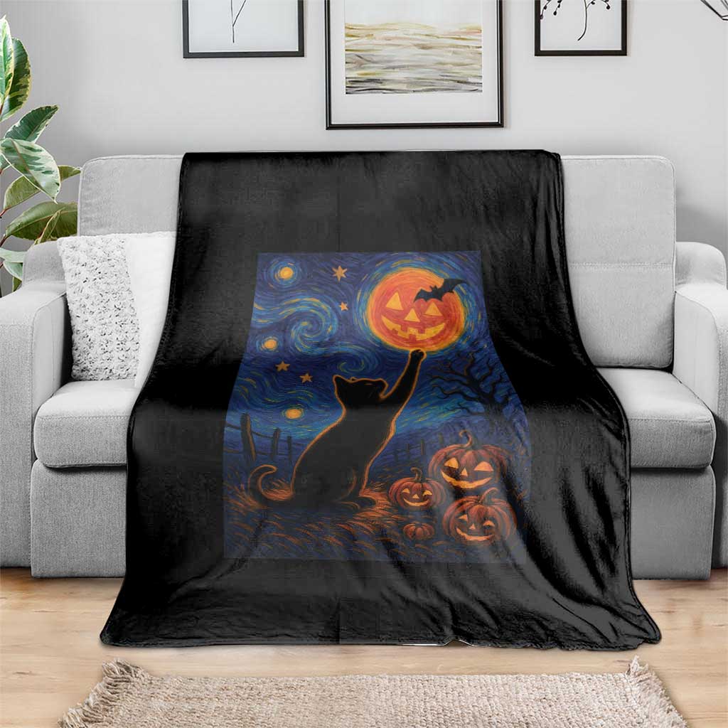 Black Cat Halloween Throw Blanket Starry Night Van Gogh - Wonder Print Shop