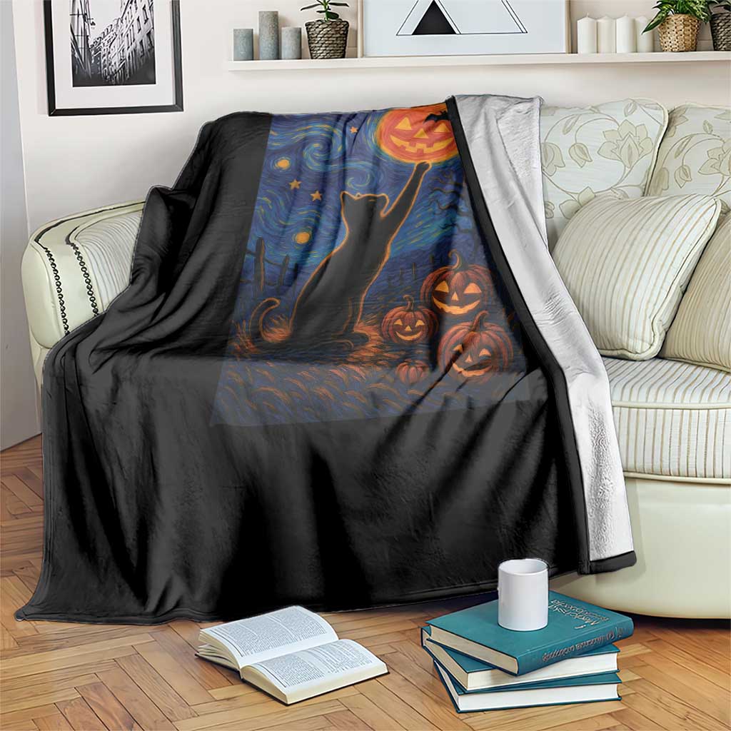 Black Cat Halloween Throw Blanket Starry Night Van Gogh - Wonder Print Shop
