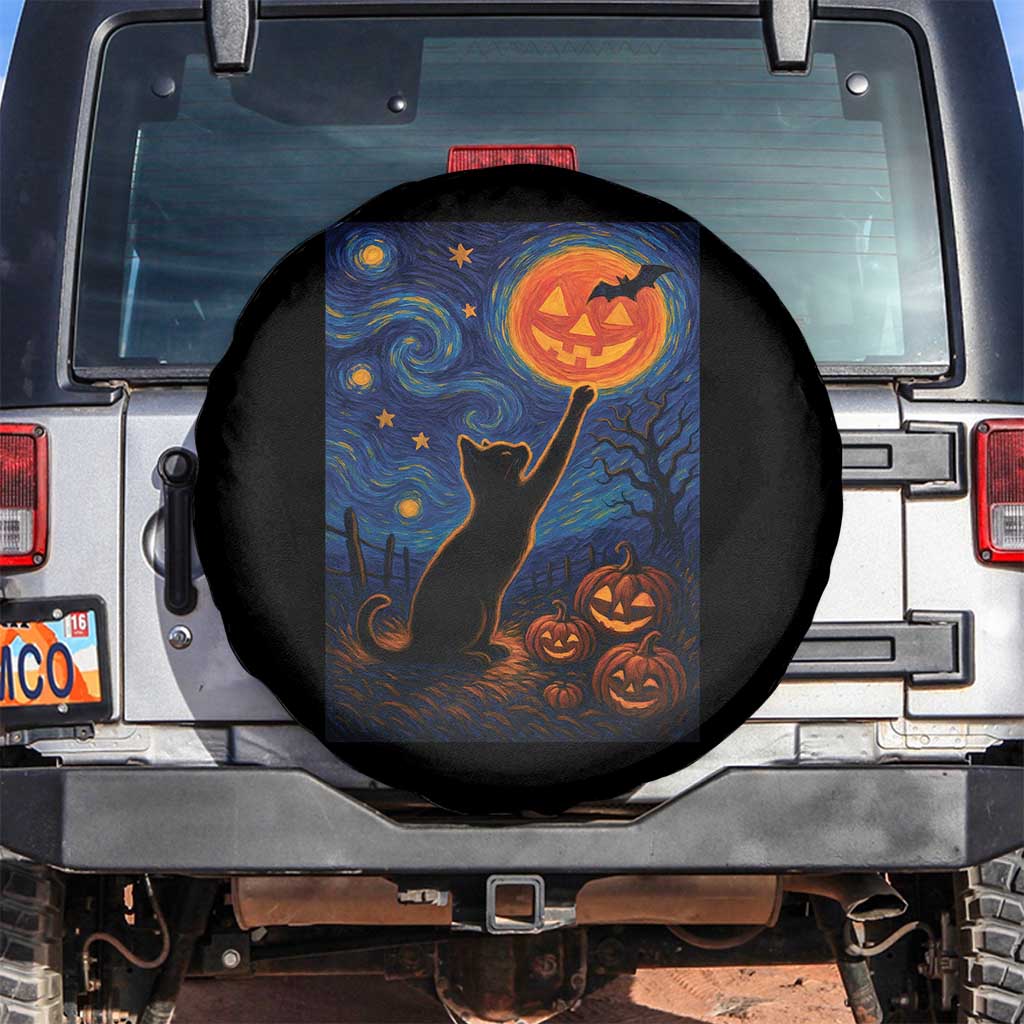 Black Cat Halloween Spare Tire Cover Starry Night Van Gogh - Wonder Print Shop